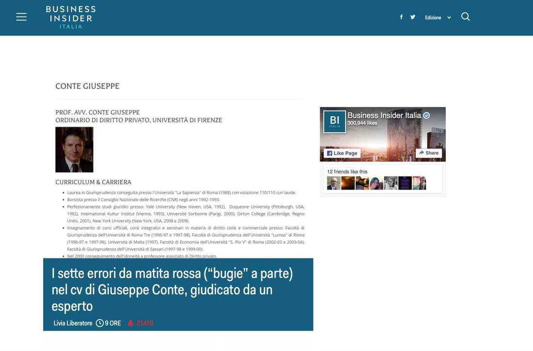Business Insider intervista Walter Sinigoi sugli errori presenti nel CV di Giuseppe Conte